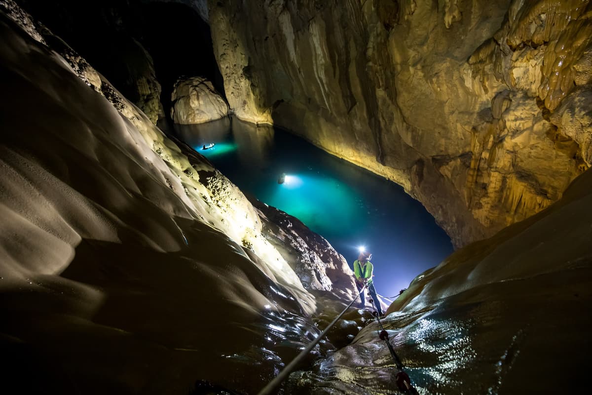 Climbing the great wall of Vietnam with the help of the technical caving equipment