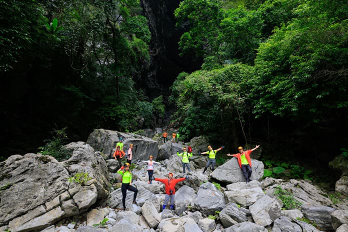 Trekking on rugged mountain terrain