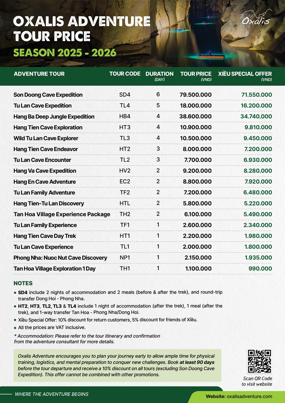 Oxalis Adventure tour price list